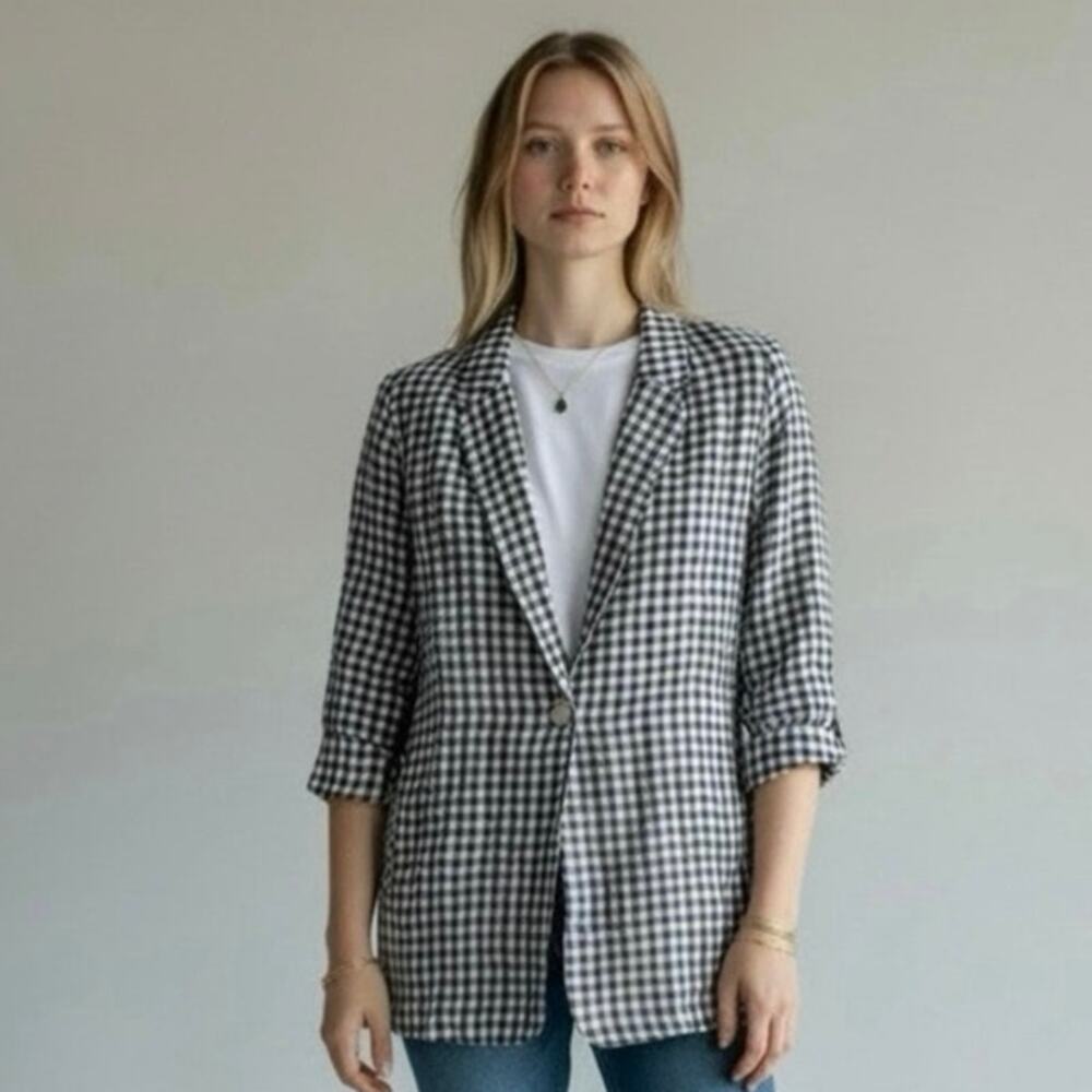 Cynthia Rowley 100% Linen Gingham Small Navy White Blazer Preppy Coastal